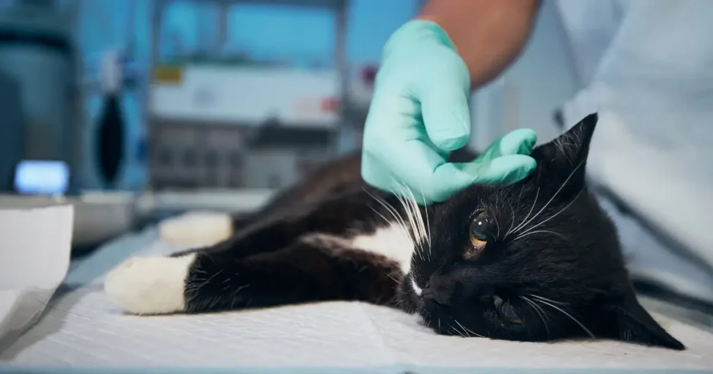 Gato de pelagem preta e branca deitado na maca de um consultório veterinário. Problemas renais em gatos precisam de atenção e acompanhamento de profissionais especializados.