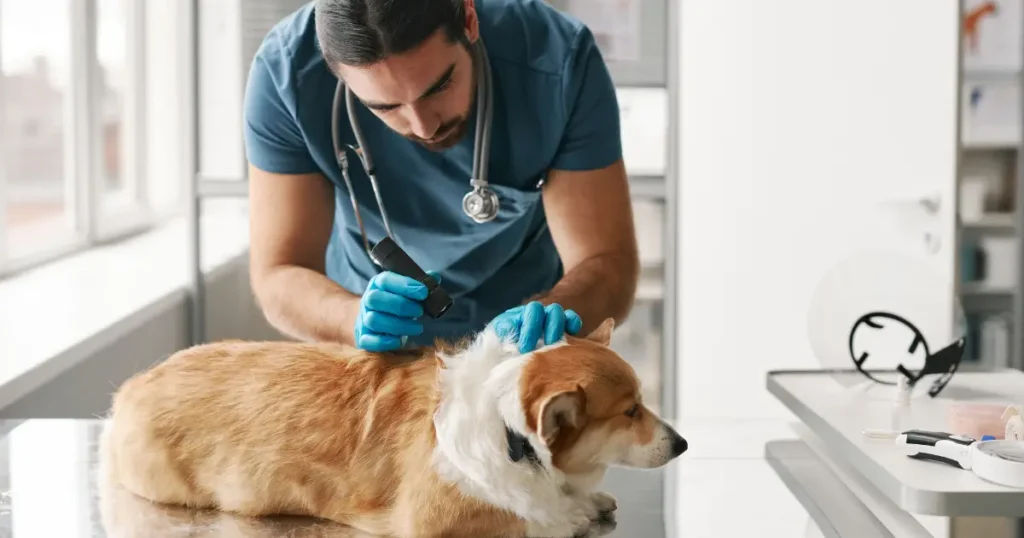 Cão com pelagem mesclada sendo examinado por veterinário. Se notar problema de pele em cachorro, busque um profissional especializado.