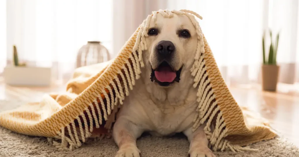 cachorro de pelagem clara deitado em um ambiente aconchegante, coberto por um cobertor com franjas. O cachorro parece feliz, com a língua para fora, e o ambiente em torno dele é iluminado com uma luz suave, com objetos decorativos ao fundo, transmitindo uma sensação de conforto.