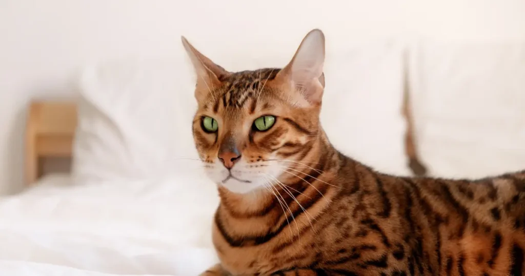 Um gato de pelagem curta, com padrões de manchas e listras que lembram um leopardo. A coloração é marrom dourada com marcas mais escuras, e os olhos são verdes e intensos.