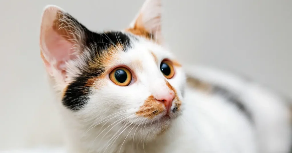 Um gato tricolor com pelagem branca, preta e marrom. Os olhos são grandes e arredondados, com uma expressão atenta.