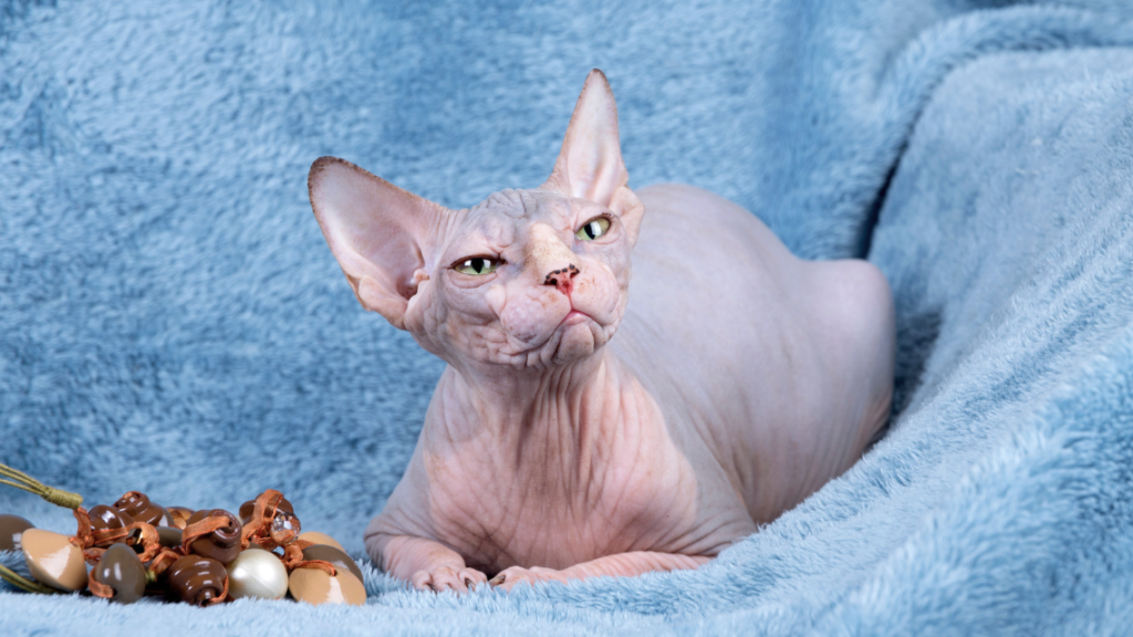 A imagem mostra um gato da raça Sphynx, que é caracterizado por sua aparência única e marcante. O gato é praticamente sem pelos, com pele enrugada e uma coloração rosada. Seus olhos são verdes e expressivos, e as orelhas são grandes e pontudas, conferindo uma aparência alerta. A falta de pelos revela a musculatura e as dobras da pele, o que é típico dessa raça. O gato está deitado sobre uma superfície de tecido azul, criando um contraste suave com sua pele clara. Sua expressão parece tranquila, mas também transmite uma leve curiosidade.