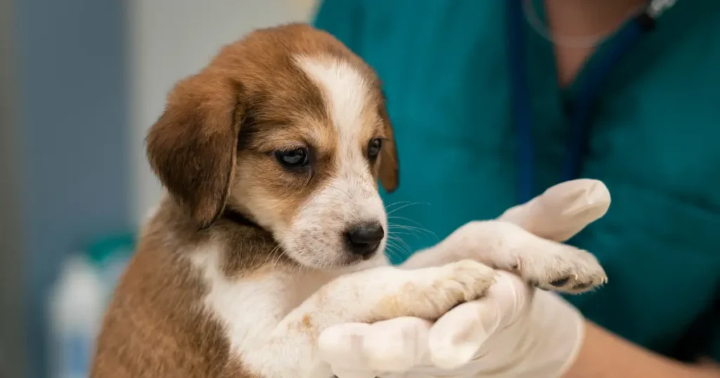 A imagem mostra um filhote de cachorro sendo examinado por um veterinário. O filhote tem pelagem marrom e branca, com uma expressão calma e atenta. O veterinário está segurando delicadamente as patas do cão com luvas brancas, sugerindo que está realizando um procedimento de inspeção ou exame físico. A imagem transmite cuidado e atenção, destacando a importância do cuidado veterinário para animais jovens.