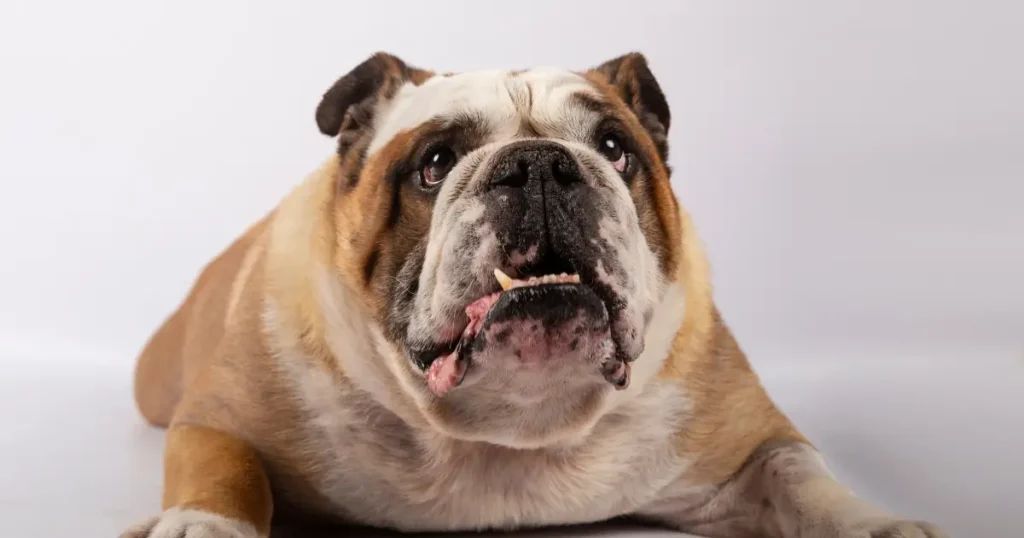 A imagem mostra um **Bulldog Inglês** deitado, com uma aparência robusta e características faciais marcantes, como a mandíbula inferior proeminente e as rugas no rosto. O cão tem pelagem marrom e branca, e sua expressão é tranquila, embora sua boca aberta e a língua ligeiramente para fora sugiram que ele possa estar cansado ou apenas relaxado. O fundo é simples, destacando o cachorro como o foco principal da imagem. O porte do Bulldog e sua expressão característica transmitem uma sensação de calma e robustez.