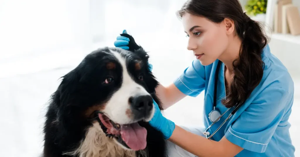 A imagem mostra uma veterinária examinando um cachorro de grande porte, que parece ser da raça Bernese Mountain Dog. O cão está com a boca aberta e a língua para fora, aparentando estar relaxado durante o exame. A veterinária, vestindo um jaleco azul e usando luvas, examina a orelha do cão com cuidado, inclinando-se para observar melhor. O ambiente parece ser uma clínica veterinária, com iluminação clara, e a expressão atenta da veterinária sugere que ela está realizando o exame com precisão. A imagem transmite uma sensação de cuidado e profissionalismo no atendimento ao animal.