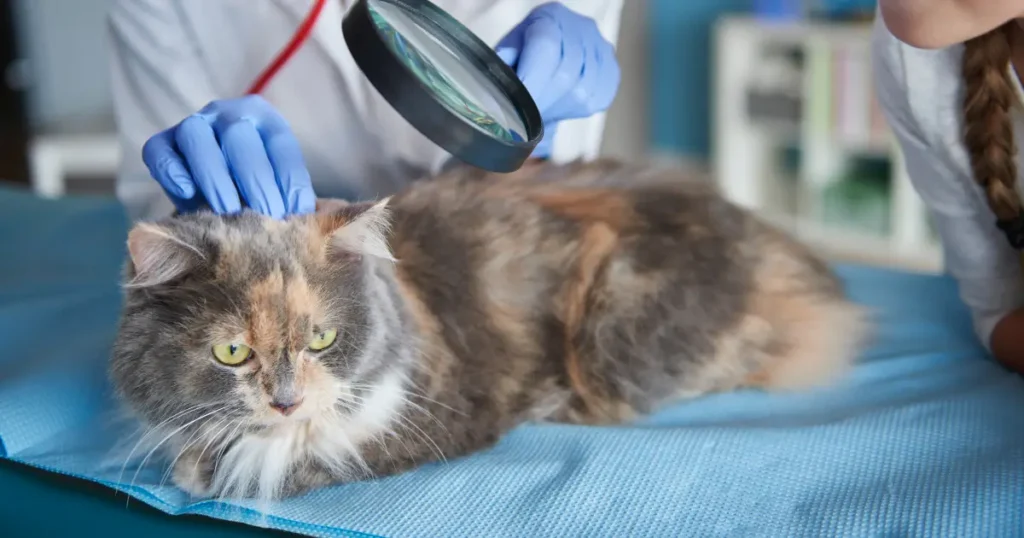 A imagem mostra um gato de pelagem longa e tricolor deitado em uma superfície azul, enquanto um veterinário, usando luvas azuis, examina a cabeça do animal com uma lupa. O gato parece calmo, embora atento, e o exame parece detalhado, possivelmente focado em uma área específica da pele ou pelagem, sugerindo uma verificação de saúde relacionada a perda de pelo ou outro problema dermatológico. A cena acontece em um ambiente clínico, transmitindo um momento de cuidado e atenção veterinária ao gato.