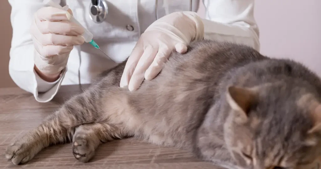 A imagem mostra um gato recebendo uma injeção nas costas, administrada por um profissional de saúde, que está usando luvas e uma roupa branca, típica de veterinários. O gato está deitado sobre uma mesa, aparentemente tranquilo, enquanto o veterinário segura a pele do animal e aplica a injeção com uma seringa. Essa cena representa uma situação de vacinação ou aplicação de medicamento.