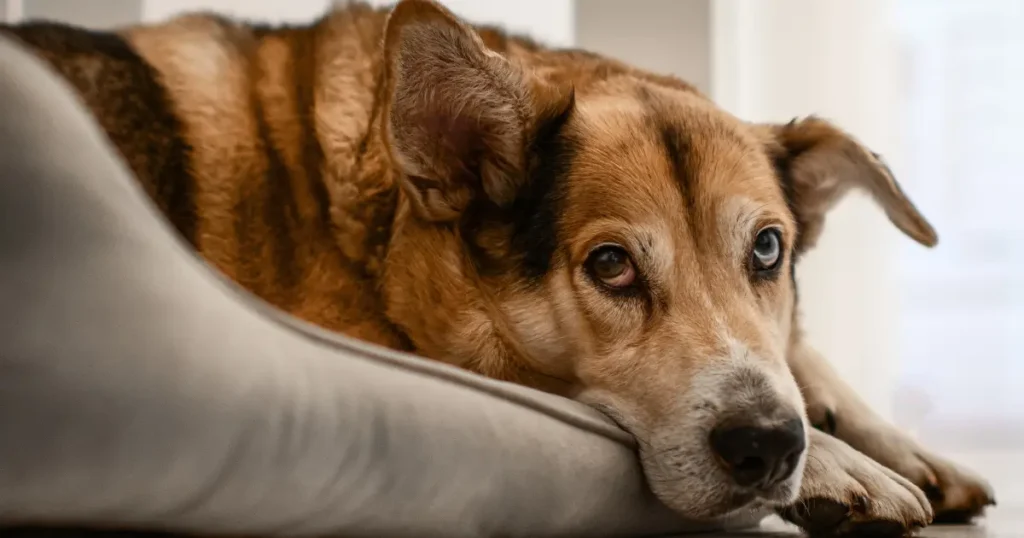 A imagem mostra um cão idoso deitado em uma superfície confortável, possivelmente uma cama para pets. Ele está com uma expressão serena, mas um pouco triste ou cansada, com os olhos ligeiramente voltados para cima. O cão tem uma pelagem marrom com manchas mais escuras nas orelhas e ao redor dos olhos. A imagem transmite uma sensação de tranquilidade e de descanso, caracterizando bem a fase mais calma da vida de um cachorro idoso.