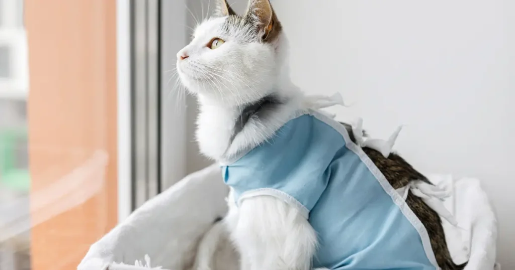 A imagem mostra um gato branco com detalhes em cinza e marrom usando uma roupa cirúrgica azul, que é comum no período pós-operatório para proteger pontos e feridas. O gato está sentado em uma cama confortável próxima a uma janela, olhando para fora com uma expressão tranquila e atenta. O ambiente é claro e arejado, sugerindo um local aconchegante e seguro para o animal durante sua recuperação. A cena transmite cuidado e proteção ao gato durante o processo de recuperação.