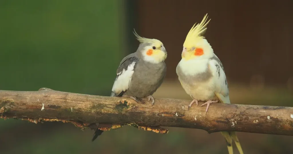 A imagem mostra duas calopsitas pousadas em um galho. A calopsita à esquerda tem plumagem cinza com manchas alaranjadas nas bochechas, enquanto a da direita tem uma plumagem mais clara, com predominância de cores amarelas e brancas, e também possui manchas alaranjadas nas bochechas. Ambas têm a característica crista no topo da cabeça, sendo a da direita mais erguida. A cena sugere um ambiente natural e tranquilo, com as aves próximas uma da outra, possivelmente interagindo de forma amigável.