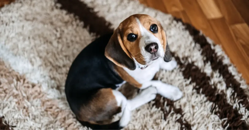 A imagem mostra um cachorro da raça Beagle sentado em um tapete peludo, olhando para a câmera com uma expressão doce e atenta. O cão tem pelagem tricolor, com predominância de preto, branco e marrom, características típicas da raça. O ambiente é interno, com piso de madeira visível ao fundo, criando uma sensação de aconchego. A expressão do cachorro transmite curiosidade e afeto, destacando sua natureza amigável e companheira.