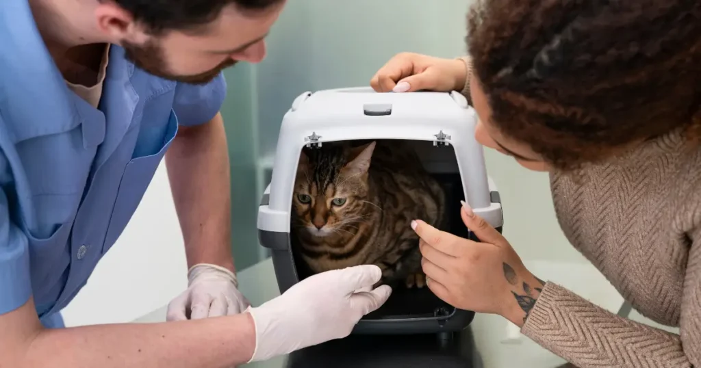 Um veterinário e uma tutora observam um gato dentro de uma caixa de transporte. O felino parece hesitante, enquanto os humanos tentam tranquilizá-lo antes de uma consulta.