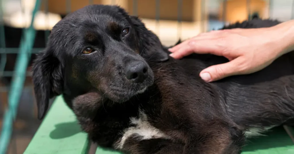 Um cachorro preto de porte médio, com uma mancha branca no peito, está deitado em um local que parece ser um abrigo ou canil. Uma mão humana o acaricia, transmitindo conforto.