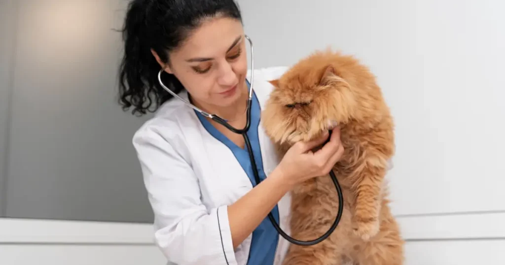 Uma veterinária segurando um gato persa alaranjado enquanto usa um estetoscópio para examiná-lo. A profissional parece cuidadosa e atenciosa durante o atendimento.