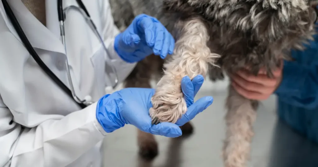 Um veterinário usando luvas azuis examina a pata de um cachorro de pelagem longa e encaracolada. Outra pessoa segura o cão, provavelmente o tutor.