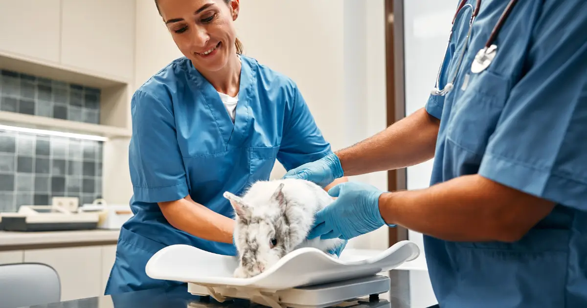 A imagem mostra dois veterinários vestindo uniformes azuis e luvas descartáveis enquanto realizam um exame em um coelho branco e cinza. O animal está sobre uma balança veterinária, sendo cuidadosamente segurado por um dos profissionais. O ambiente é uma clínica bem equipada, com móveis modernos e iluminação clara. A cena transmite um atendimento especializado e atencioso, demonstrando a importância dos cuidados veterinários para animais de pequeno porte, como coelhos.