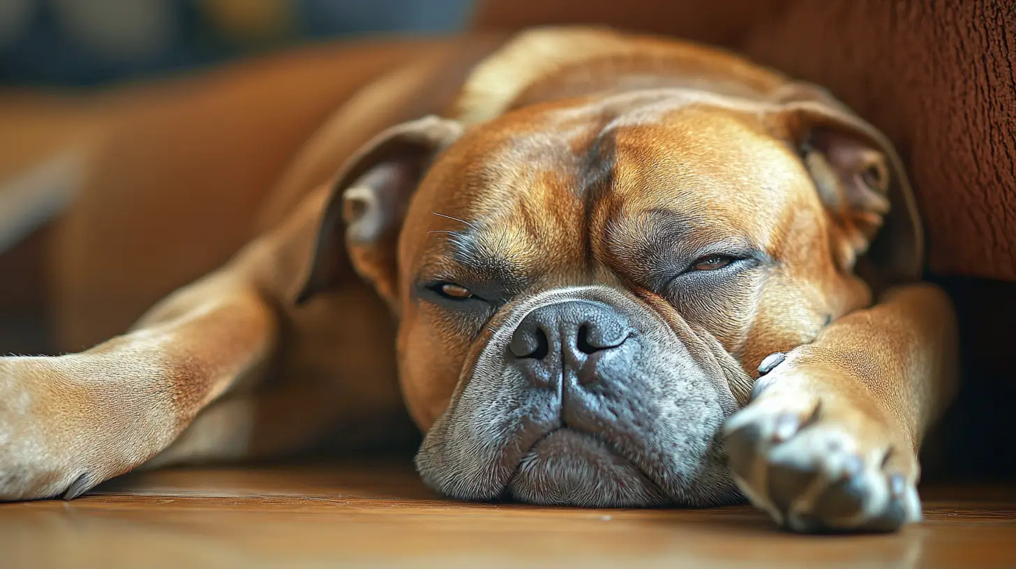 A imagem mostra um cachorro de grande porte, possivelmente da raça Boxer ou uma mistura similar, deitado no chão com uma expressão sonolenta e um olhar levemente cansado. Seu rosto está em foco, destacando os detalhes da pelagem marrom e da textura da pele enrugada ao redor do focinho. O ambiente tem um tom aconchegante, com um fundo desfocado que sugere um espaço interno. A cena transmite uma sensação de tranquilidade, mas também pode sugerir que o cão está exausto ou indisposto.