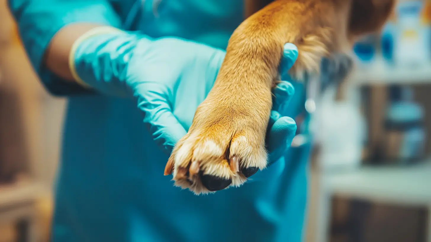 A imagem mostra um veterinário vestindo luvas descartáveis azuis segurando gentilmente a pata de um cachorro. O foco está na interação entre o profissional e o animal, destacando o cuidado e a atenção ao bem-estar do pet. O fundo está desfocado, sugerindo um ambiente de clínica veterinária ou hospital veterinário. A cena transmite confiança, carinho e profissionalismo, reforçando a importância dos cuidados veterinários na saúde dos animais.