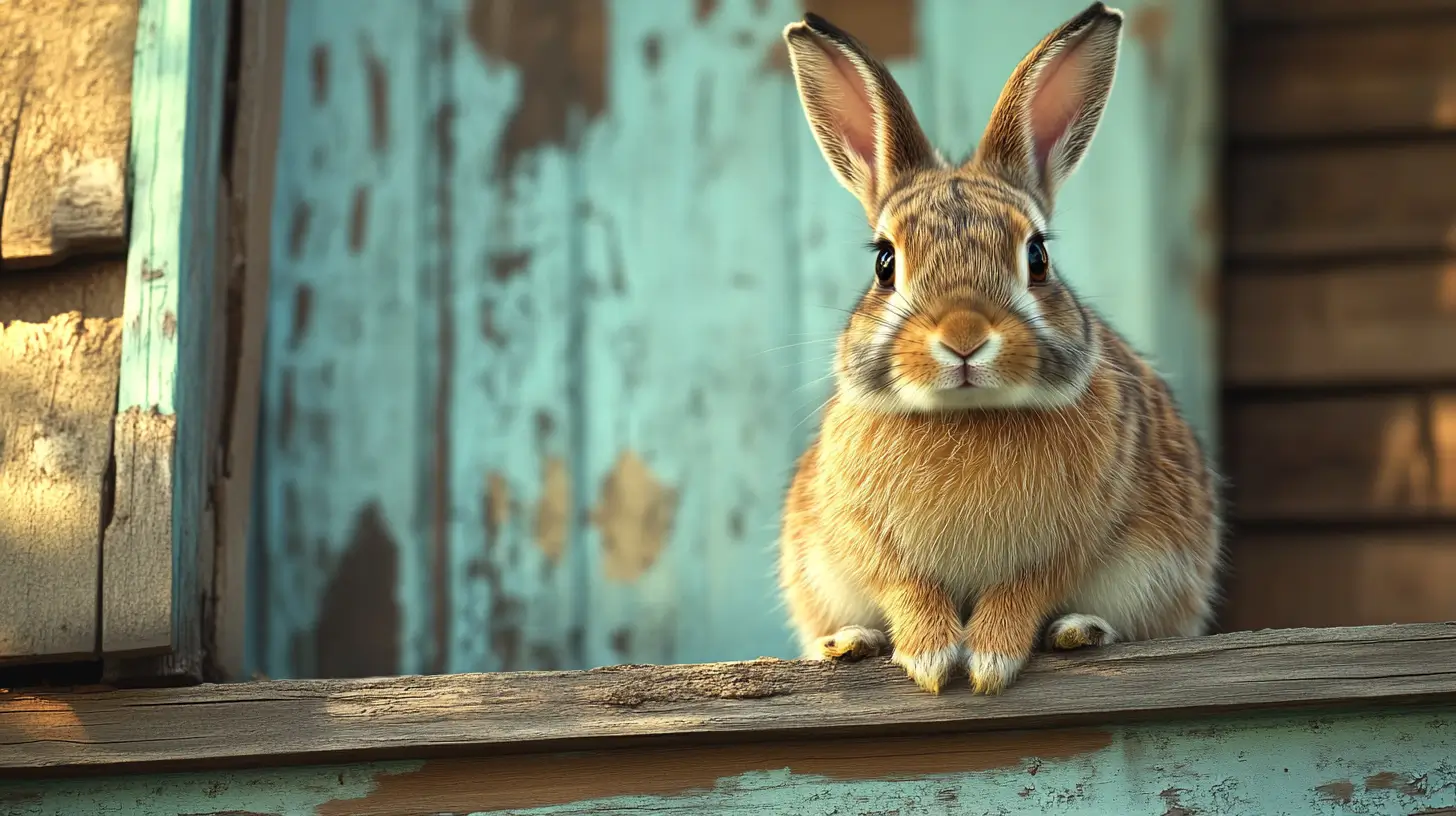 A imagem mostra um coelho de pelagem marrom clara com detalhes brancos e tons dourados, sentado sobre uma superfície de madeira desgastada. O animal olha diretamente para a câmera com uma expressão curiosa e alerta, com as orelhas erguidas. O fundo apresenta uma estrutura rústica de madeira azul envelhecida, criando um contraste bonito com a suavidade do coelho. A cena transmite uma sensação de tranquilidade e harmonia com a natureza, sugerindo um ambiente campestre ou rural.