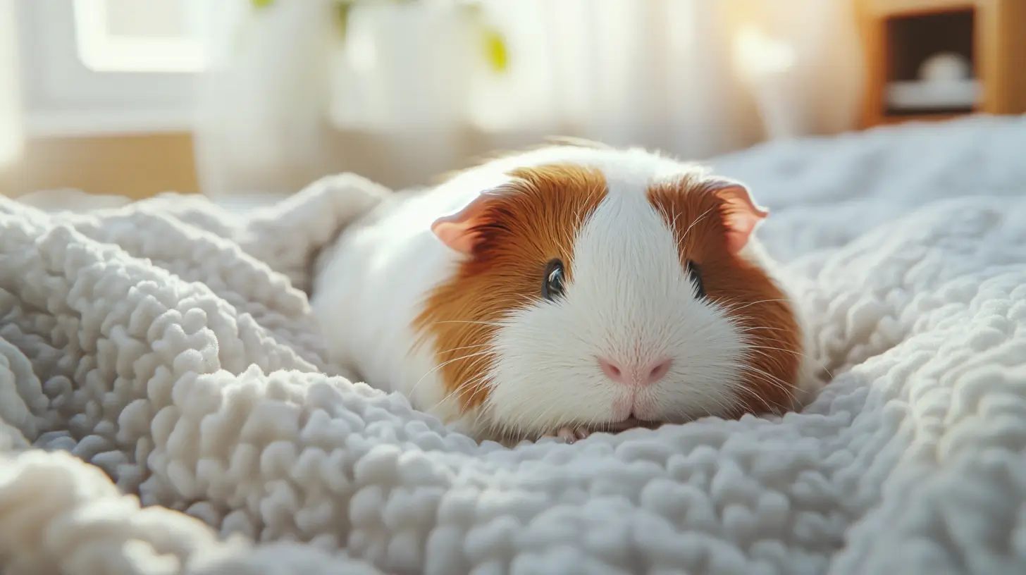 A imagem mostra um porquinho-da-índia deitado confortavelmente sobre uma manta macia e felpuda. O animal tem pelagem branca com manchas marrom-avermelhadas e um focinho rosado. Seu olhar é tranquilo e curioso, transmitindo uma sensação de calma e aconchego. O fundo desfocado e a iluminação suave indicam que ele está em um ambiente interno, possivelmente uma casa, reforçando a ideia de bem-estar e carinho no cuidado com pequenos pets.