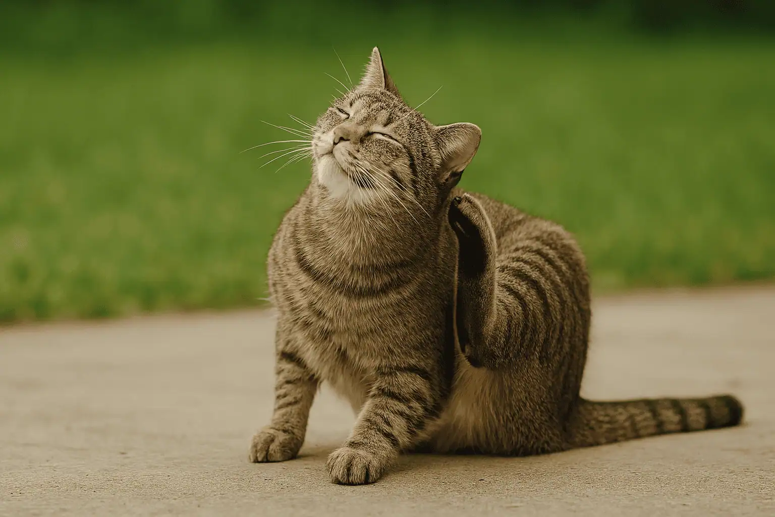 A imagem mostra um gato rajado de pelos curtos, sentado sobre uma superfície externa, coçando a região atrás da orelha com uma das patas traseiras. O felino tem uma expressão relaxada, com os olhos semicerrados e as vibrissas levemente projetadas para frente, sugerindo um momento de alívio. Ao fundo, há uma área gramada verde, que contrasta com o tom acinzentado do gato e a tonalidade neutra do chão. A iluminação suave destaca a textura dos pelos e cria um efeito aconchegante na cena.