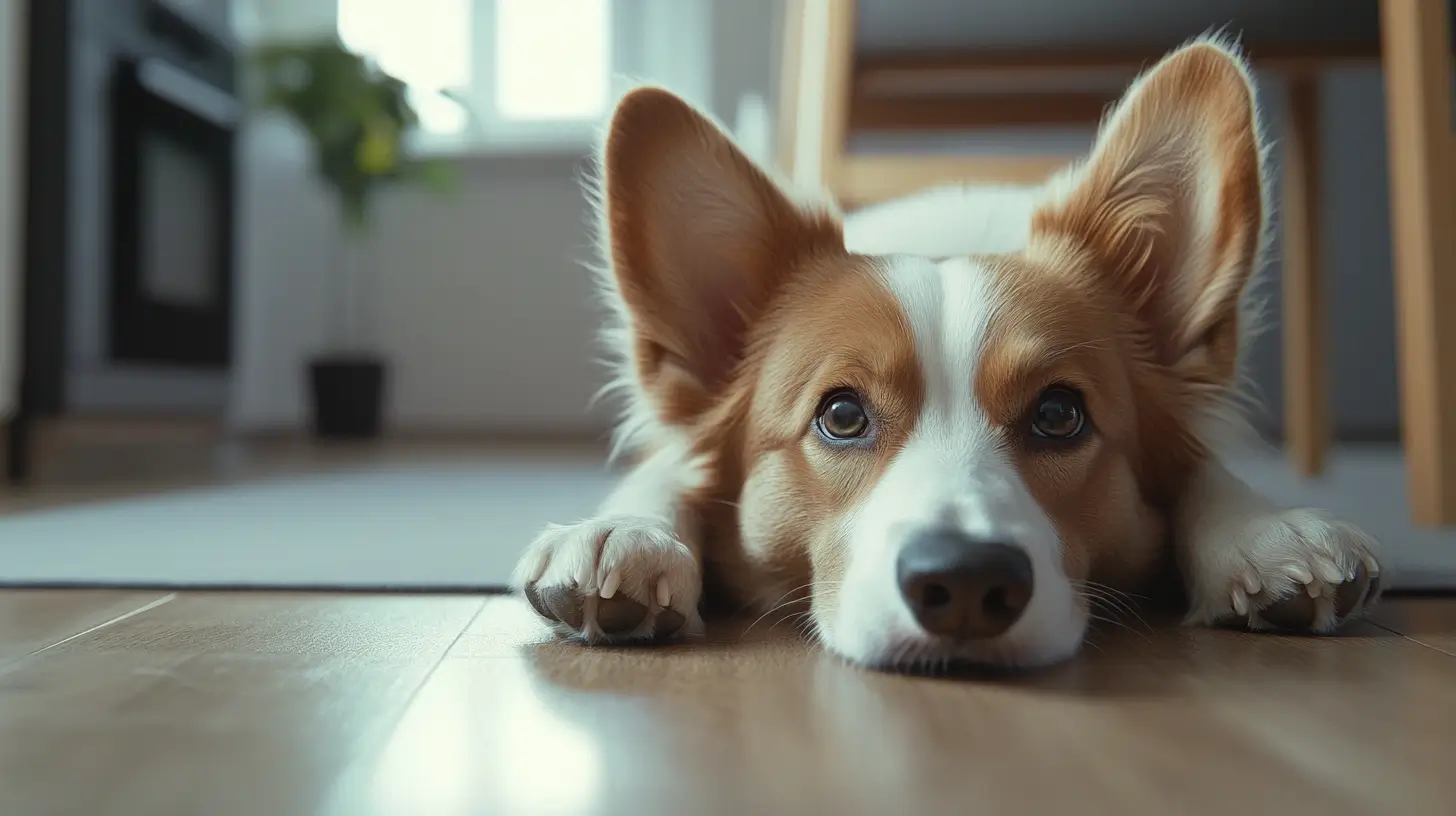 A imagem mostra um cachorro da raça Corgi deitado no chão de uma casa, com o focinho encostado no piso e um olhar calmo e atento. Suas orelhas estão erguidas e os olhos voltados para frente, transmitindo uma expressão que pode sugerir cansaço, curiosidade ou leve abatimento. O ambiente é iluminado por luz natural, com móveis e uma planta ao fundo, criando uma atmosfera doméstica e acolhedora. A cena pode remeter ao estado de alerta ou repouso de um pet que não está se sentindo bem.