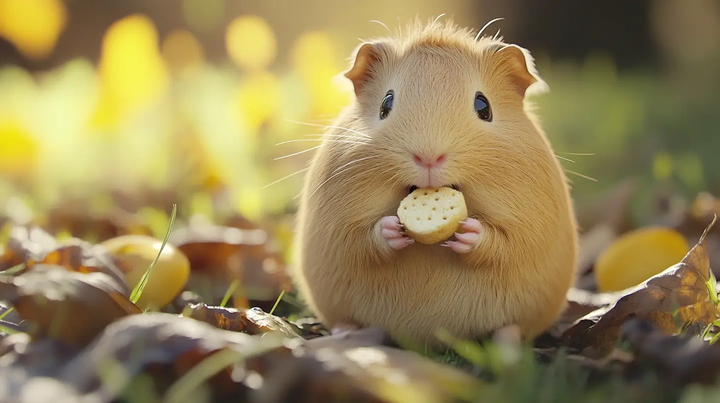 A imagem mostra um adorável porquinho-da-índia de pelagem dourada segurando uma pequena bolacha com as patinhas enquanto come. O animal tem um olhar curioso e expressivo, e está cercado por folhas secas e grama, sugerindo um ambiente natural ao ar livre. O fundo desfocado com tons dourados e amarelos cria uma atmosfera aconchegante e serena. A cena transmite fofura e tranquilidade, destacando os hábitos alimentares do porquinho-da-índia.
