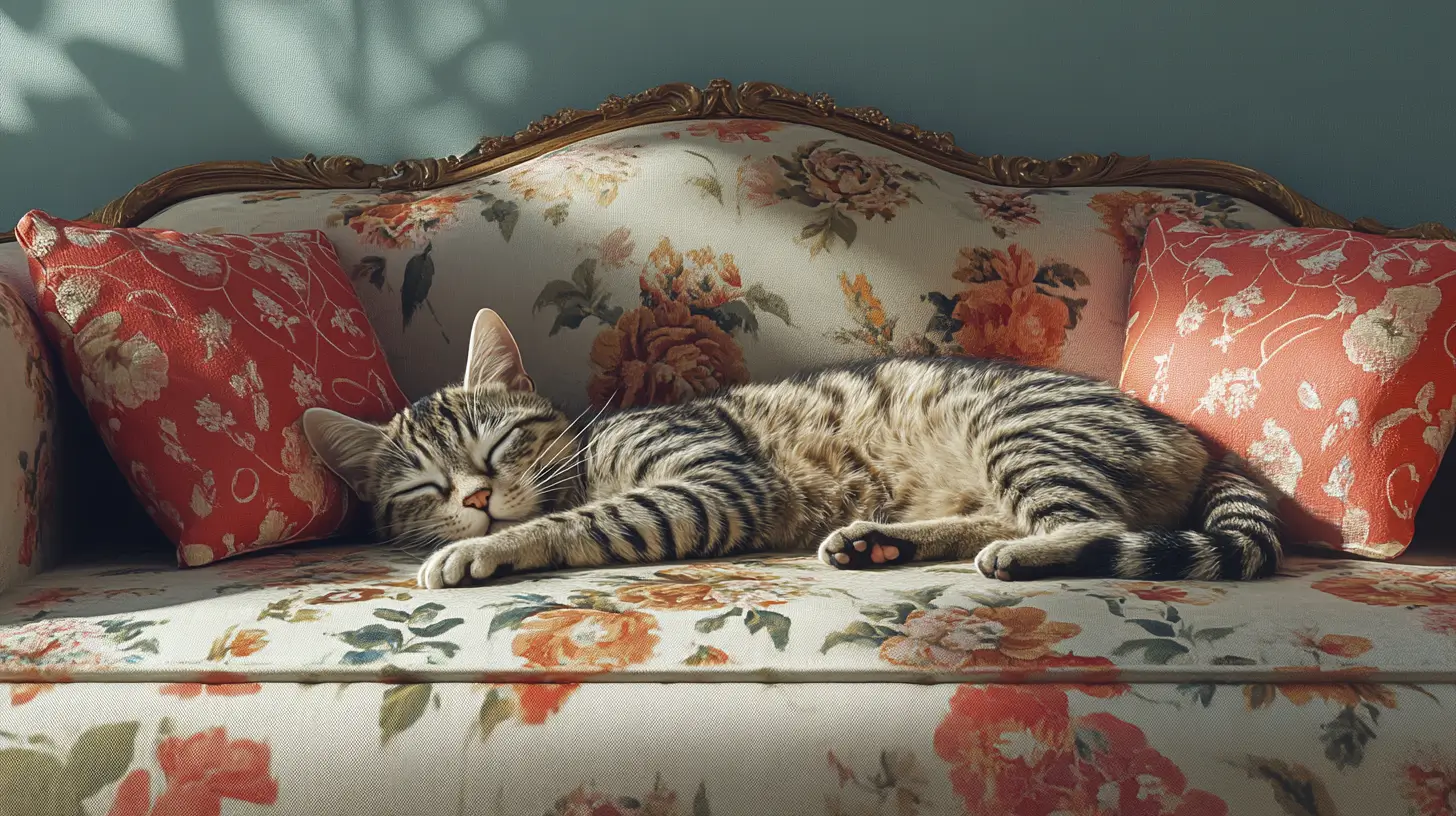 A imagem mostra um gato tigrado cinza dormindo tranquilamente em um sofá com estampa floral. O sofá tem um design clássico, com detalhes dourados no encosto e almofadas vermelhas decoradas com padrões florais. A luz suave e natural cria um ambiente aconchegante, com sombras sutis nas paredes. A cena transmite uma sensação de conforto e relaxamento, destacando o bem-estar do felino em um ambiente elegante e acolhedor.