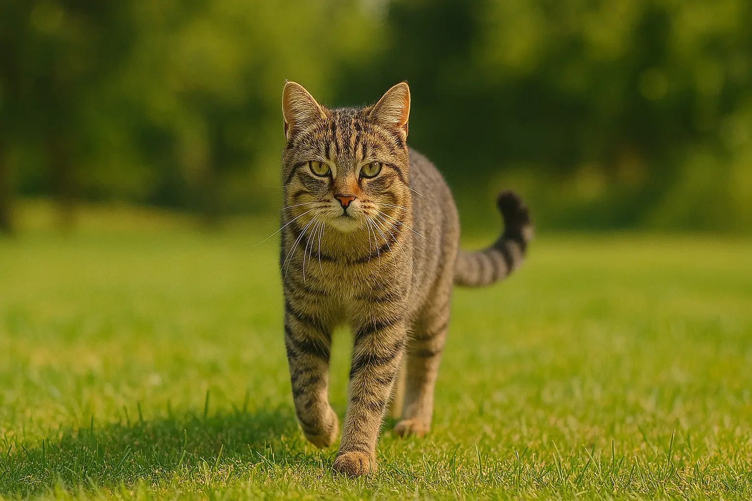 A imagem mostra um gato de pelagem rajada (malhada) com tons de marrom e preto caminhando em direção à câmera sobre um gramado verde. O animal exibe postura confiante e alerta, com o corpo ereto, o rabo levantado e os olhos fixos à frente. O fundo desfocado revela uma área externa arborizada, sugerindo que o gato está em um ambiente ao ar livre, em um dia ensolarado. A cena transmite vitalidade e atenção.