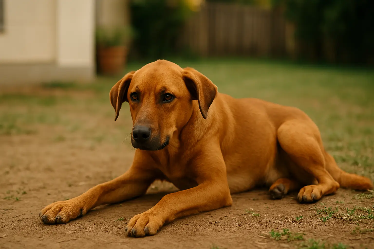 A imagem mostra um cachorro de porte médio a grande, de pelagem curta e cor caramelo, deitado sobre o chão de terra em um quintal. O animal está com o corpo relaxado, mas com expressão atenta, olhando diretamente para a câmera. Ao fundo, vemos uma cerca de madeira, vegetação e parte de uma casa com paredes claras, sugerindo um ambiente doméstico, tranquilo e seguro.