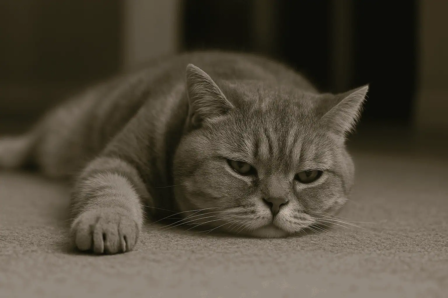 A imagem mostra um gato de pelagem curta e densa, em tons de cinza, deitado sobre o chão com expressão visivelmente apática. O animal está estirado, com a cabeça encostada no solo e uma das patas dianteiras estendida à frente. Seus olhos semicerrados e a postura corporal indicam cansaço, mal-estar ou letargia. O fundo desfocado remete a um ambiente interno, sugerindo que o gato está em repouso dentro de casa. A cena transmite uma sensação de prostração, possivelmente associada a um estado de saúde debilitado.