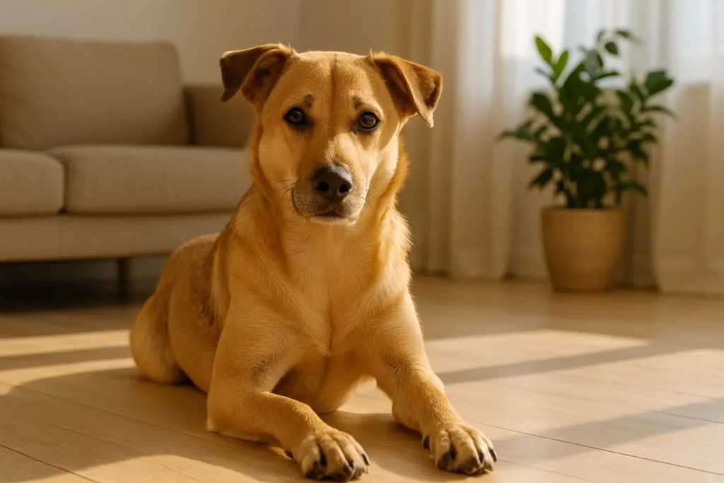 A imagem mostra um cachorro sem raça definida (SRD) de porte médio, com pelagem dourada clara e expressão serena, deitado em um piso de madeira claro em uma sala iluminada pelo sol. A luz natural entra por uma janela com cortinas translúcidas ao fundo, projetando sombras suaves no chão e destacando os contornos do corpo do animal.