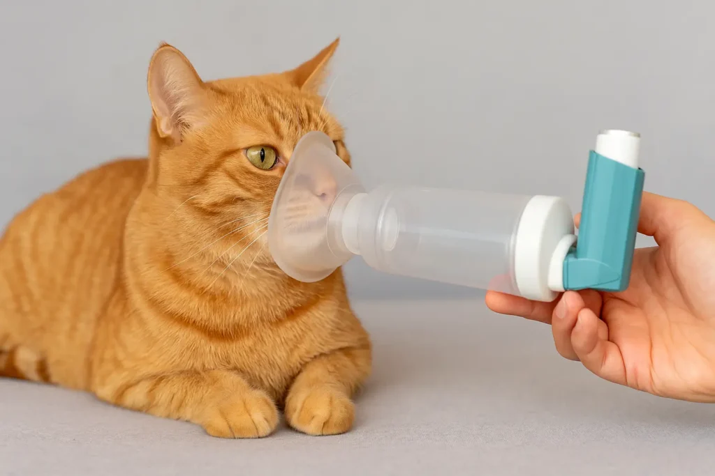 A imagem mostra um gato laranja, de pelagem curta e olhos verdes, recebendo tratamento com um inalador adaptado. O gato está deitado sobre uma superfície cinza clara e parece calmo. Um inalador, conectado a uma câmara de inalação com máscara, está sendo segurado por uma mão humana, posicionado sobre o focinho do gato para administrar a medicação, provavelmente para tratar uma condição respiratória como a asma felina. O fundo da imagem é neutro, em tom cinza claro, destacando o gato e o equipamento.