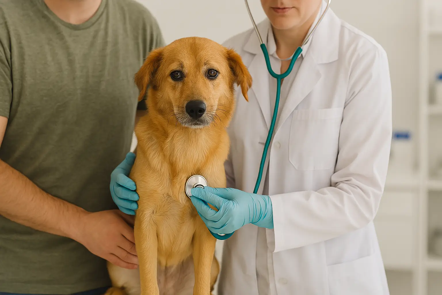 A imagem mostra um cachorro de porte médio, pelagem marrom clara e olhar atento, sendo examinado por um profissional de jaleco branco, que utiliza um estetoscópio para auscultar o animal. A médica veterinária usa luvas azuis descartáveis, e ao lado, uma pessoa — possivelmente o tutor — segura o cão com cuidado. O ambiente é limpo e bem iluminado, remetendo a uma clínica veterinária. A cena transmite um momento de cuidado e atenção à saúde do pet.