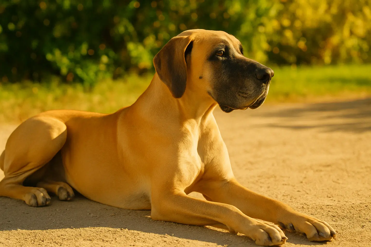 A imagem mostra um cachorro da raça Dogue Alemão deitado em uma área externa ensolarada. Ele está de perfil, com o corpo apoiado no chão e a cabeça erguida, olhando atento para a lateral direita da imagem. A iluminação quente do sol realça a pelagem curta e lisa de cor caramelo com a face escura. Ao fundo, há vegetação desfocada, sugerindo um ambiente tranquilo e natural. O cão parece calmo e em alerta, transmitindo uma sensação de serenidade.