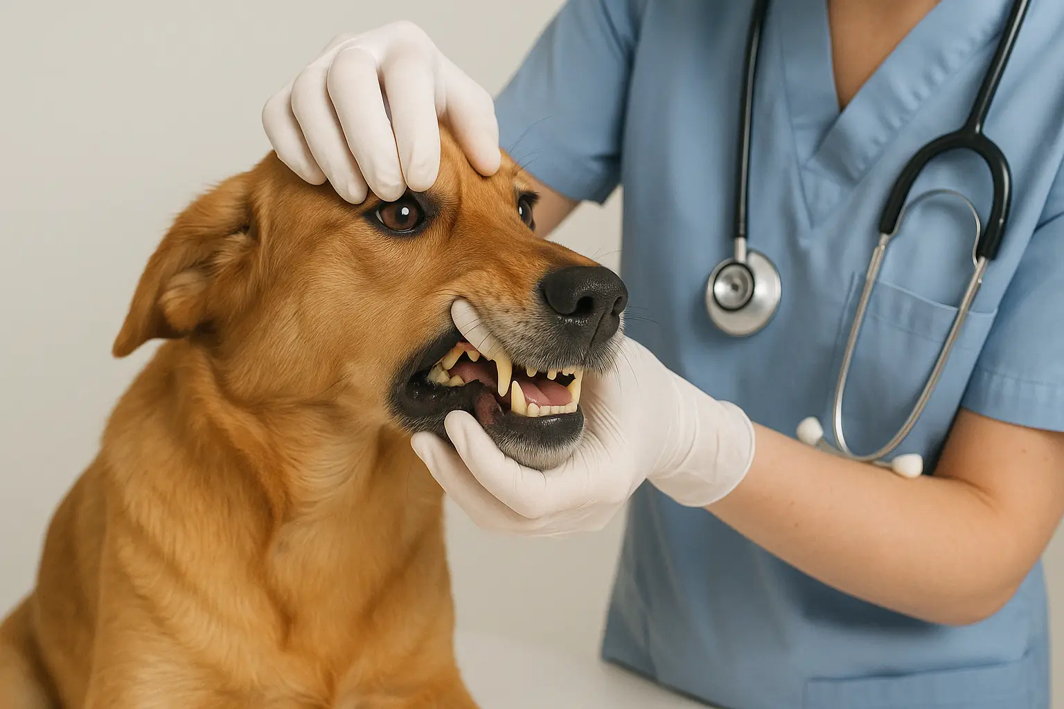A imagem mostra um cachorro de porte médio, pelagem dourada e expressão calma, sendo examinado por um veterinário. O animal está em uma sala bem iluminada, provavelmente uma clínica, e está com a boca levemente aberta enquanto o profissional, que veste uniforme azul e luvas brancas, examina suas gengivas. As gengivas do cão apresentam uma coloração amarelada sutil, o que sugere um possível sinal clínico de icterícia. O veterinário utiliza uma das mãos para levantar o lábio superior do cão e a outra para manter o focinho estável, permitindo uma visualização clara da cavidade oral. Um estetoscópio pendurado no pescoço reforça o ambiente profissional e clínico da cena.