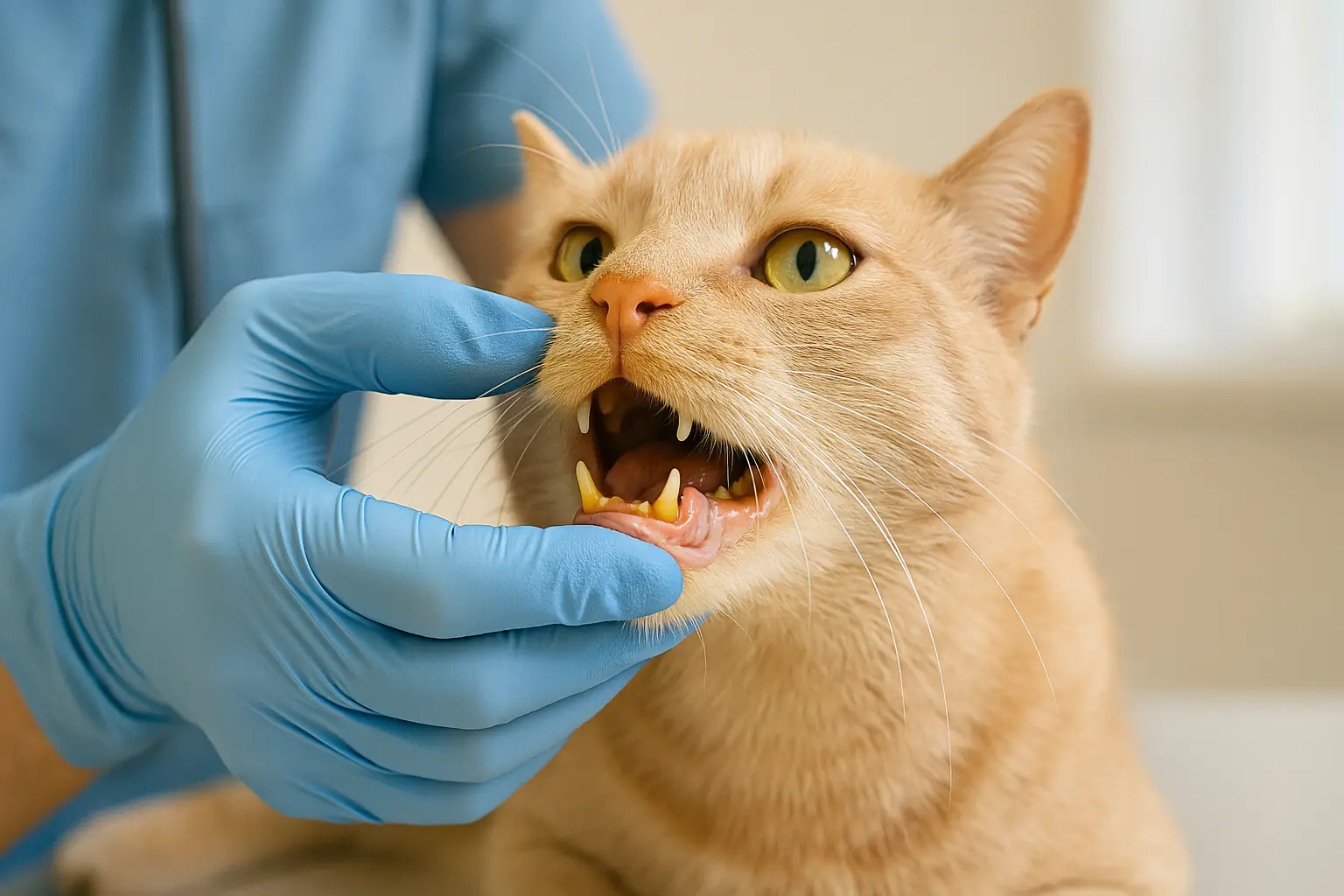 A imagem mostra um gato de pelagem clara sendo examinado por um profissional com luvas azuis. O foco está na boca do felino, que está com os lábios inferiores erguidos para expor os dentes e gengiva. O animal tem os olhos bem abertos e as presas visíveis, enquanto o profissional observa atentamente. A cena sugere uma avaliação clínica, possivelmente relacionada à saúde bucal ou a sinais clínicos como icterícia, dada a coloração amarelada dos dentes e gengiva. O fundo claro e o ambiente limpo remetem a um consultório veterinário.
