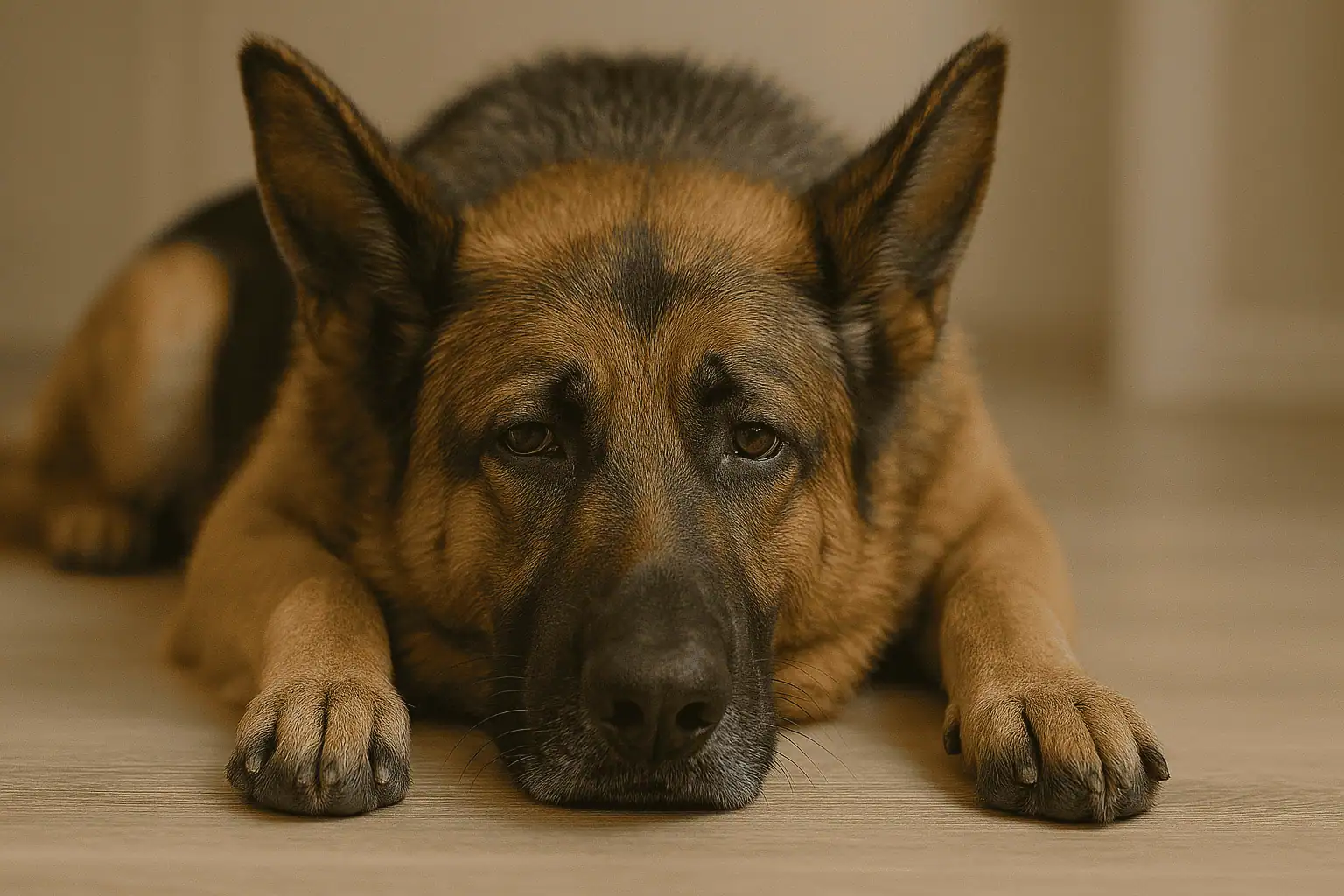 A imagem mostra um cão da raça Pastor Alemão deitado no chão, com a cabeça apoiada entre as patas dianteiras. O animal exibe uma expressão triste ou abatida, com os olhos semicerrados e orelhas erguidas. O fundo é neutro e desfocado, o que direciona toda a atenção para o rosto do cachorro. A iluminação suave reforça o tom emocional da cena, transmitindo uma sensação de cansaço, desconforto ou apatia.