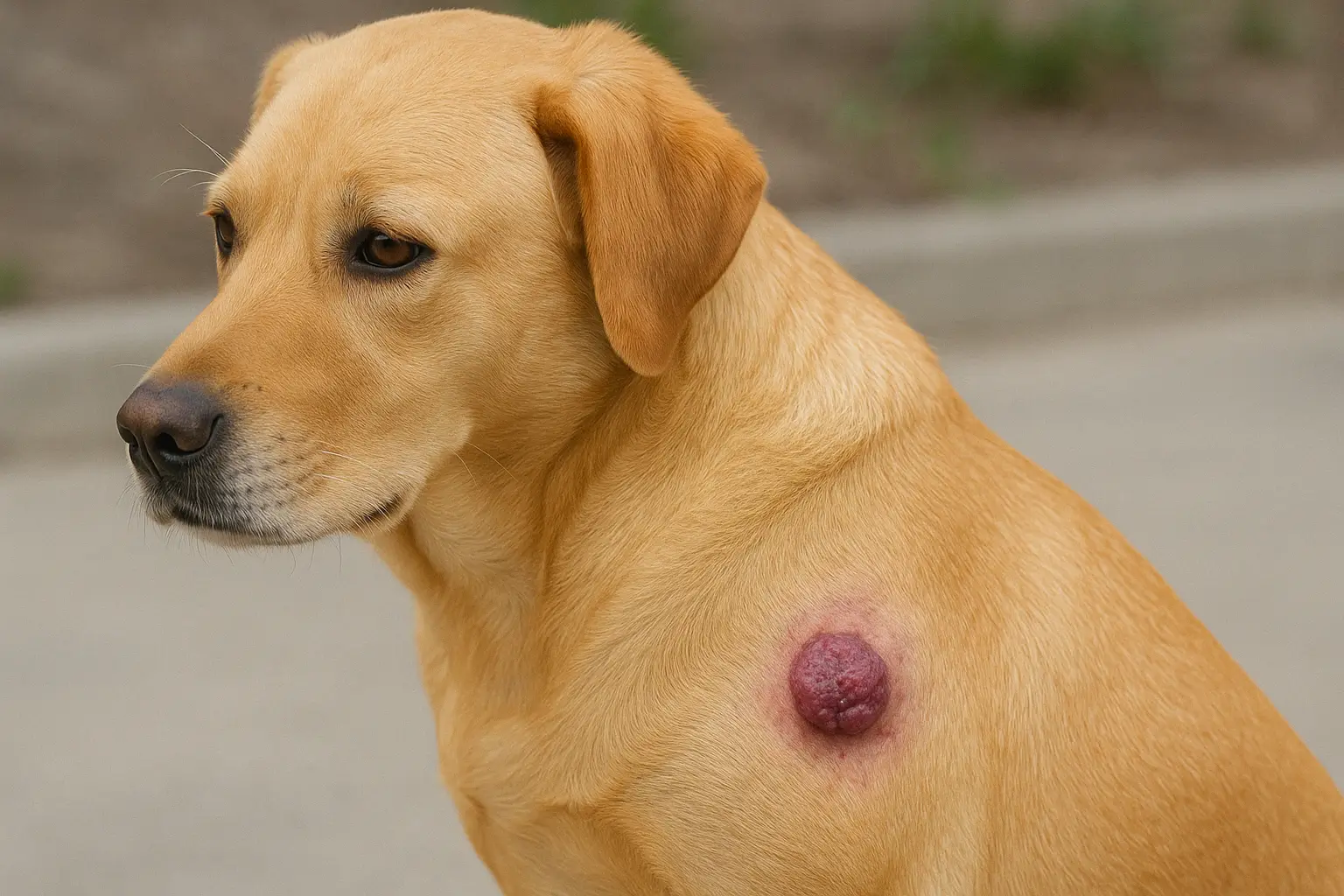 A imagem mostra um cão de pelagem dourada, possivelmente da raça Labrador Retriever, sentado e olhando para o lado esquerdo da imagem. O cachorro apresenta uma lesão elevada, arredondada e de coloração avermelhada na lateral do corpo, próximo ao ombro. A lesão tem aspecto nodular e parece ser um **mastocitoma**, um tipo comum de tumor cutâneo em cães. O fundo da imagem está desfocado, sugerindo que a foto foi tirada em um ambiente externo, possivelmente uma calçada ou rua. O cão parece calmo, mas a lesão é bastante evidente e chama atenção.