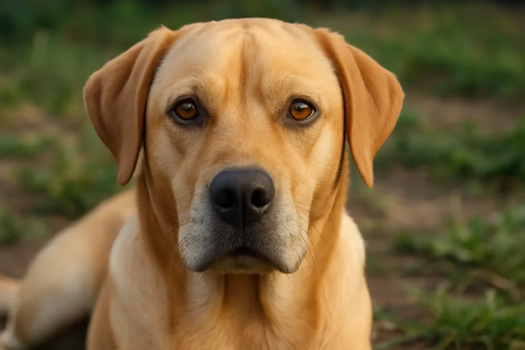A imagem mostra um cachorro de porte médio, com pelagem dourada clara e focinho escuro, deitado em um ambiente externo com gramado desfocado ao fundo. O cão está de frente para a câmera, em um close-up que destaca seu rosto expressivo e olhos castanhos atentos. Ele possui orelhas caídas e um olhar sereno, transmitindo calma e docilidade. Seu focinho está limpo, sem qualquer vestígio de sangue ou sujeira, e a iluminação natural suave valoriza os detalhes da textura do pelo e da expressão facial. A cena transmite uma sensação de tranquilidade e conexão direta com o animal.