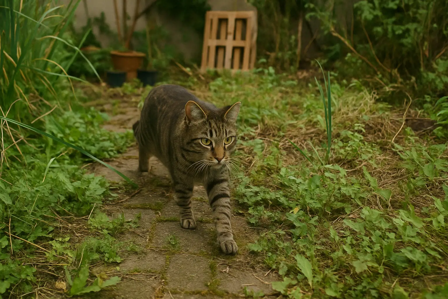 A imagem mostra um gato rajado de pelagem marrom e preta caminhando com elegância por um quintal desorganizado e repleto de plantas. O chão é formado por pedras irregulares cobertas de musgo, enquanto ao redor há uma mistura de vegetação alta, mato, galhos secos e alguns vasos abandonados. Ao fundo, um caixote de madeira encostado no muro reforça o aspecto rústico e bagunçado do ambiente. O gato, de olhos amarelos penetrantes, está em foco no centro da imagem, com o corpo levemente inclinado para frente, transmitindo atenção e curiosidade. A luz suave do dia realça os detalhes da pelagem e da cena, dando um tom natural à composição.