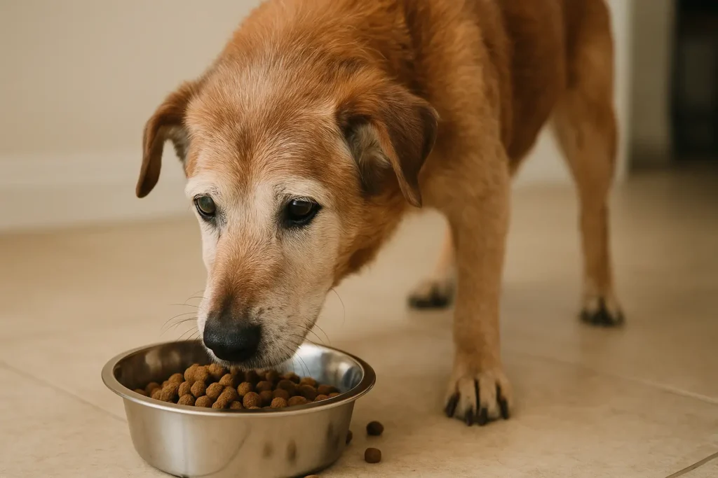 A imagem mostra um cão idoso de porte médio com pelagem castanho-clara e focinho esbranquiçado, típico da idade avançada. Ele está em pé sobre um piso claro de cerâmica, com a cabeça inclinada para frente, comendo ração de um pote de aço inoxidável. A expressão do cachorro é serena e concentrada. A iluminação é suave, destacando os detalhes do pelo e criando um ambiente acolhedor e doméstico.