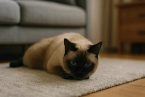 A imagem mostra um gato siamês deitado em um tapete claro no chão de uma sala. Ele está com a cabeça abaixada, olhando para frente com uma expressão triste, que transmite melancolia, como se estivesse sentindo falta de alguém. O ambiente é aconchegante, com um sofá cinza desfocado ao fundo e móveis de madeira, criando uma cena doméstica acolhedora, porém carregada de um tom de solidão.