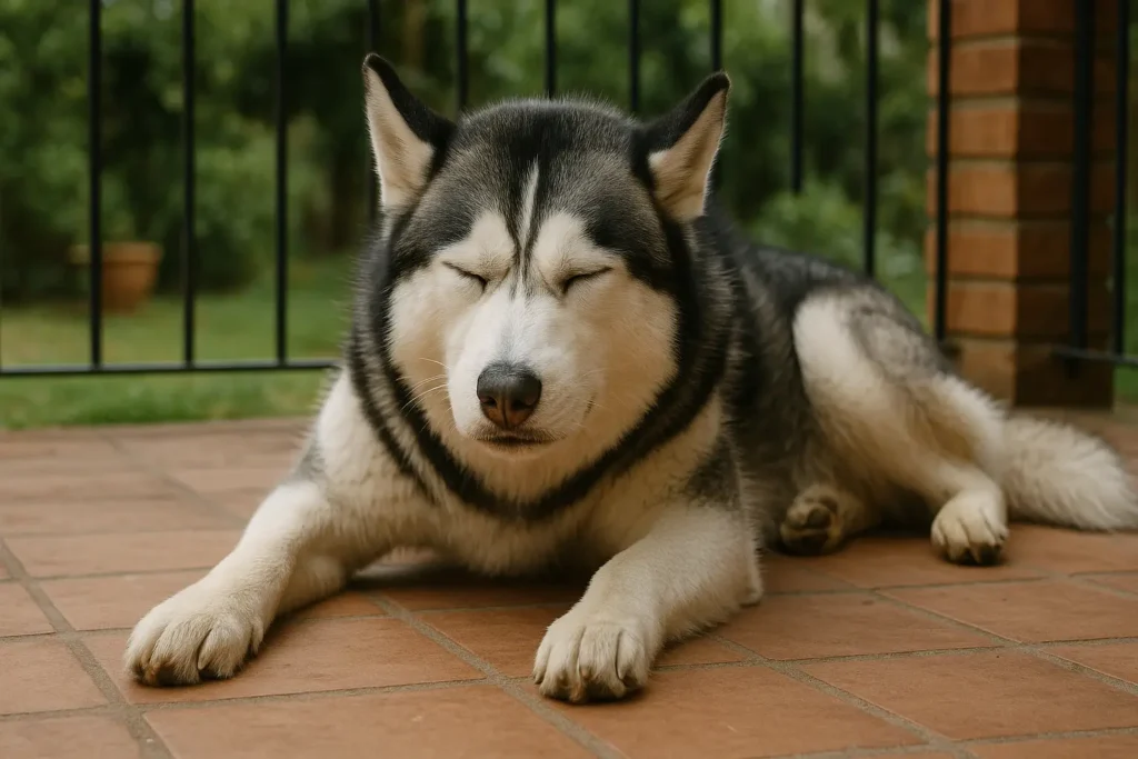 Husky siberiano deitado em uma varanda com piso de cerâmica, aparentando estar com dor. Seus olhos estão fechados e a expressão facial transmite desconforto. Ao fundo, há uma grade preta e vegetação desfocada, compondo um ambiente residencial externo.