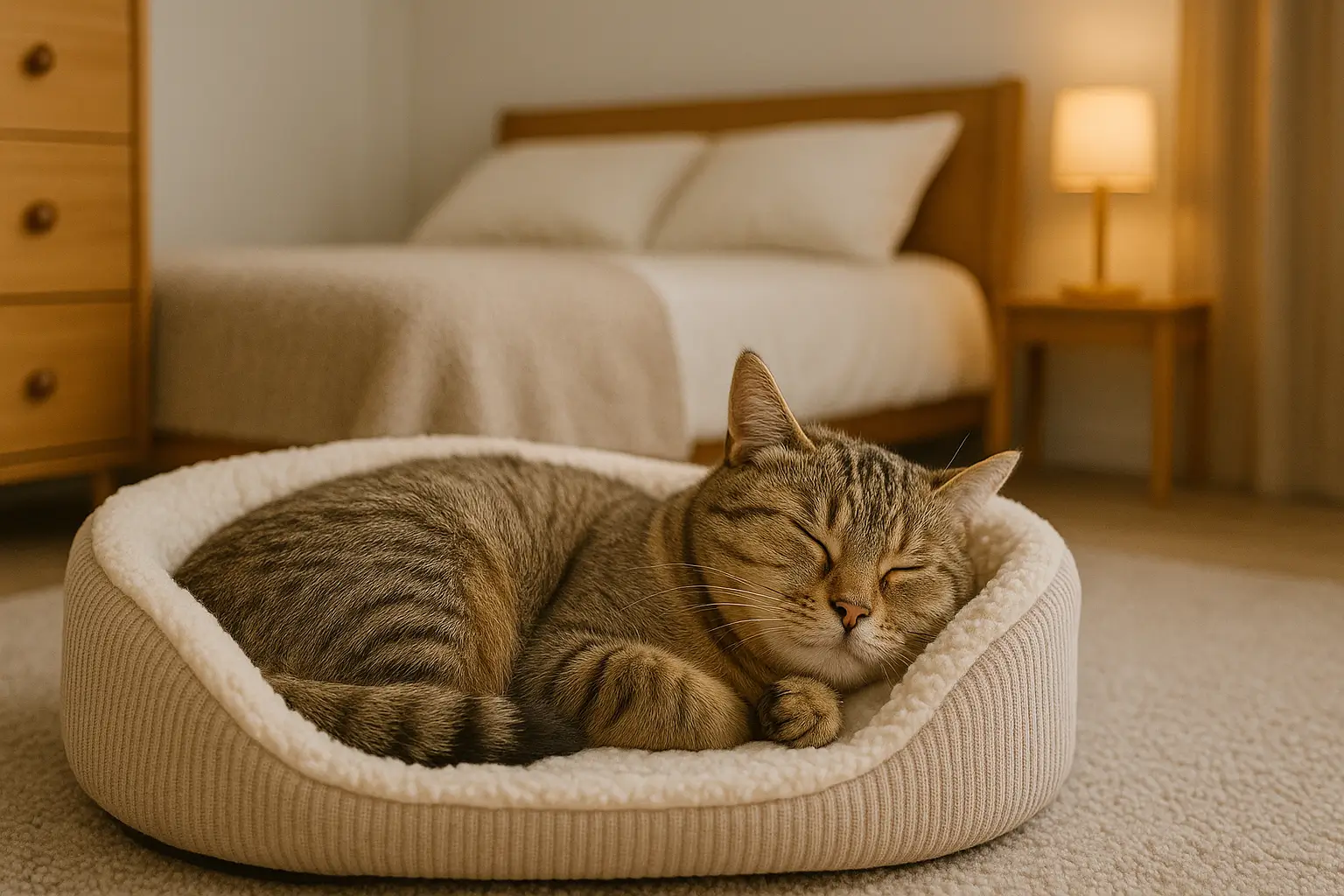 A imagem mostra um quarto tranquilo e aconchegante, com iluminação suave e tons neutros. Em primeiro plano, um gato rajado (tabby) de pelo curto está dormindo profundamente em uma caminha oval de tecido bege com forro macio branco. O animal parece relaxado, com as patas recolhidas e os olhos fechados, transmitindo paz e conforto.
