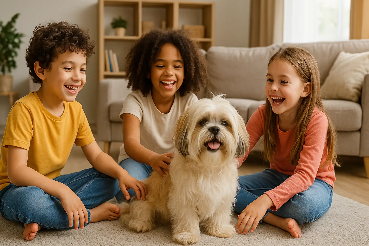 A imagem mostra um ambiente acolhedor e ensolarado, com três crianças sentadas no chão de uma sala de estar, sorrindo e interagindo com um cachorro da raça Lhasa Apso. O cão está no centro da imagem, com expressão amigável e língua para fora, transmitindo tranquilidade e afeto. As crianças — de diferentes etnias — demonstram alegria e conexão com o animal, reforçando a ideia de conforto emocional. Ao fundo, vê-se um sofá bege, almofadas claras e uma estante com objetos decorativos, compondo um cenário doméstico calmo e harmonioso. A cena simboliza bem o papel de um cachorro de apoio emocional.