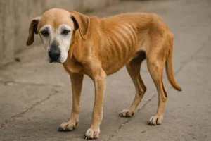 A imagem mostra um cão idoso visivelmente emagrecido, com costelas e estrutura óssea evidentes — sinais que indicam possível perda de massa muscular ou subnutrição. Esse tipo de emagrecimento pode estar relacionado a diversas causas comuns em cães idosos.