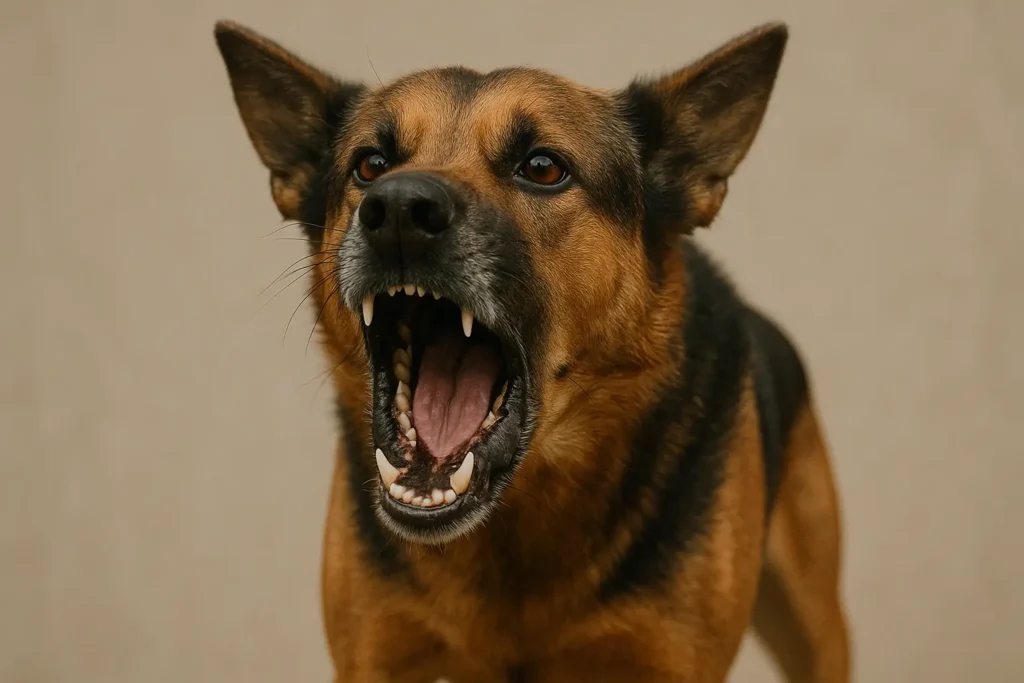 A imagem mostra um cão de porte médio a grande, com pelagem nas cores preta e marrom, em um momento de latido intenso. A boca do animal está completamente aberta, revelando os dentes e a língua, o que transmite uma expressão de alerta ou agressividade. As orelhas estão eretas e os olhos bem abertos, reforçando a sensação de tensão ou defesa. O fundo é neutro, em tom bege, o que destaca ainda mais o cão em primeiro plano. A iluminação suave permite ver os detalhes da pelagem e da expressão do animal com nitidez.