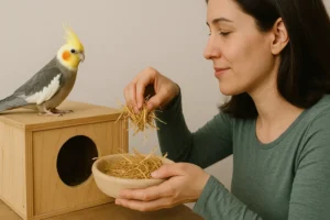 A imagem mostra uma mulher montando um ninho para uma calopsita. Ela está segurando uma tigela com palha e colocando o material dentro de uma caixa de madeira com uma abertura circular — um ninho típico para aves. A calopsita, com sua crista amarela e bochechas alaranjadas, observa curiosamente de cima da caixa. A cena transmite cuidado e preparação para o período reprodutivo da ave.