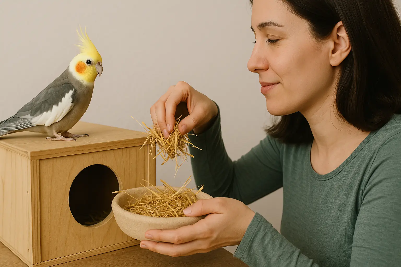 A imagem mostra uma mulher montando um ninho para uma calopsita. Ela está segurando uma tigela com palha e colocando o material dentro de uma caixa de madeira com uma abertura circular — um ninho típico para aves. A calopsita, com sua crista amarela e bochechas alaranjadas, observa curiosamente de cima da caixa. A cena transmite cuidado e preparação para o período reprodutivo da ave.